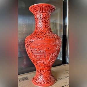 Elegant 16-Inch Asian Cinnabar Vase with Traditional Embroidery Motifs